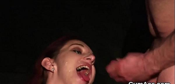  Foxy honey gets cumshot on her face eating all the jism
